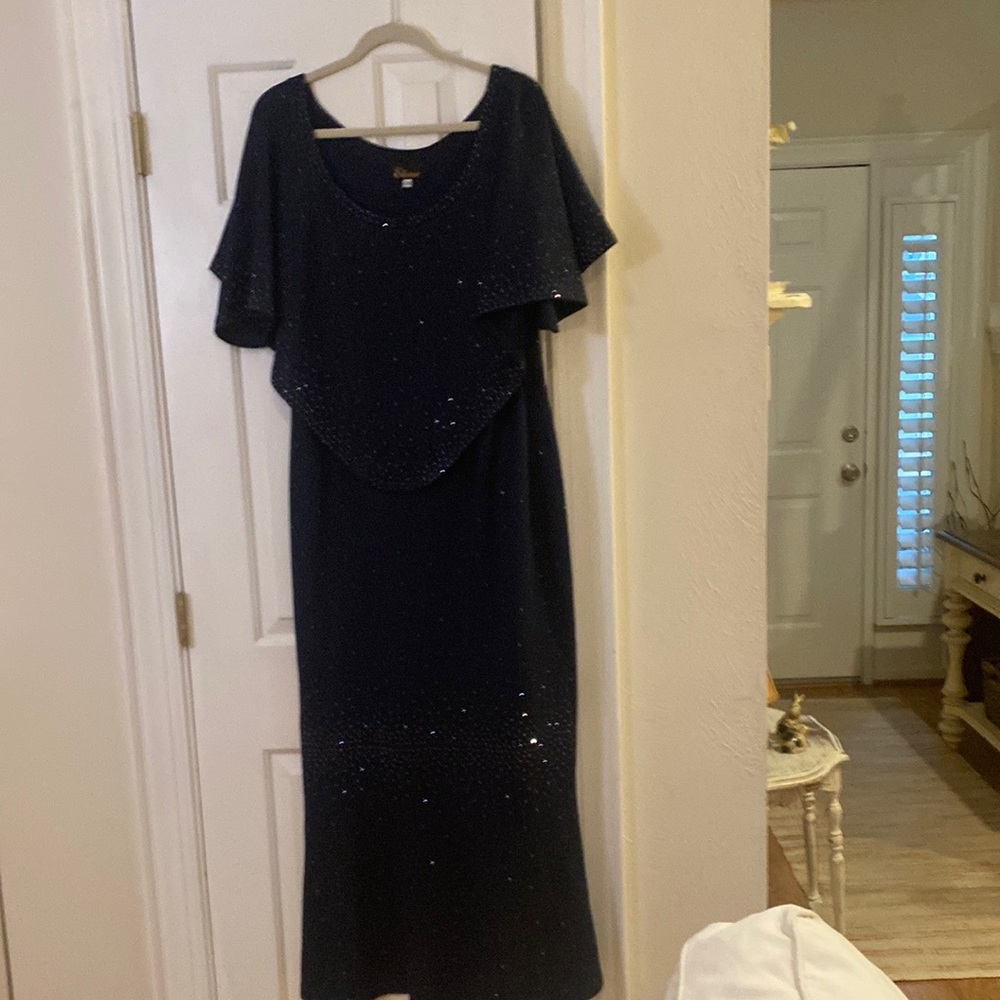 Long Navy Blue with tasteful silver beading dress.
